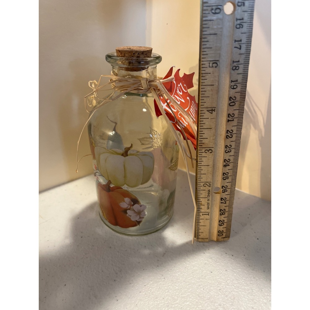 Harvest Autumn Pumpkin Glass Decorative Bottle with Cork Stopper and Raffia Bow